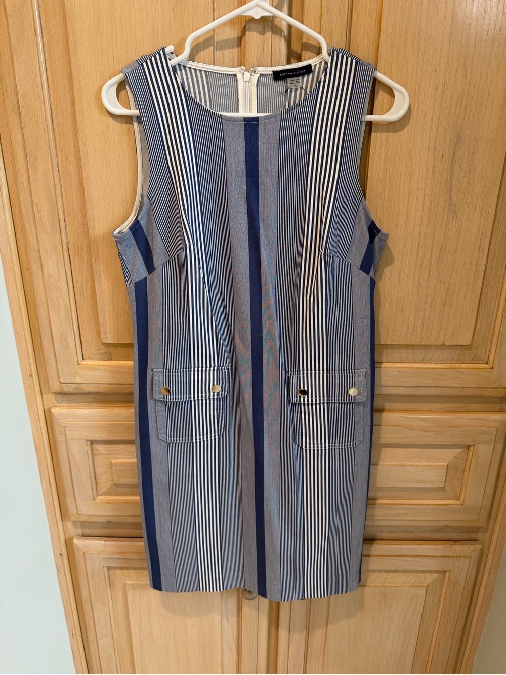 Tommy Hilfiger Navy and White Striped Sleeveless Shift Dress